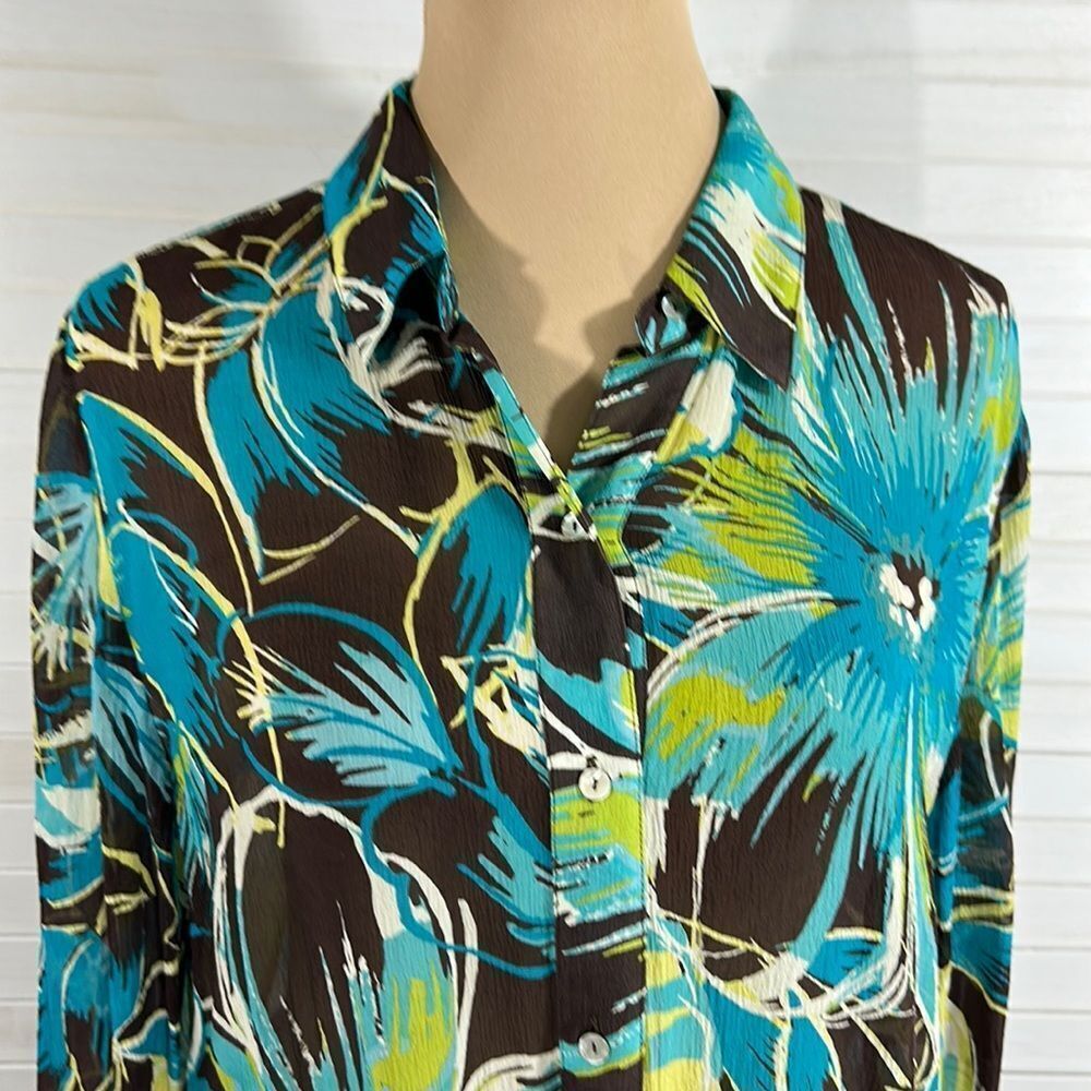 Chico's Silk Tropical Brown & Blue Floral Tunic Top Size 2 (12) LIKE NEW - Picture 4 of 14